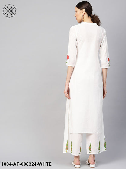White Printed 3/4Th Sleeves Staright Kurta With Pants.