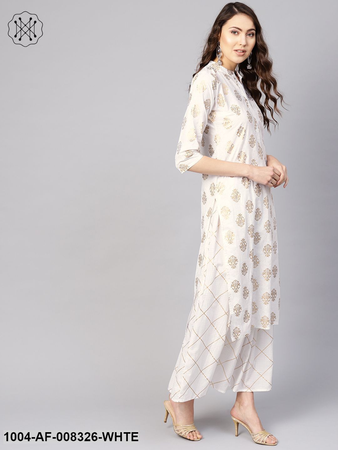 White Gold Printed 3/4Th Sleeves Straight Kurta With Skirt.