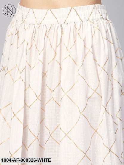 White Gold Printed 3/4Th Sleeves Straight Kurta With Skirt.