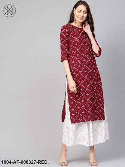 Red And White Bandhej Printed Round Neck 3/4Th Sleeves Straight Kurta With Skirt.