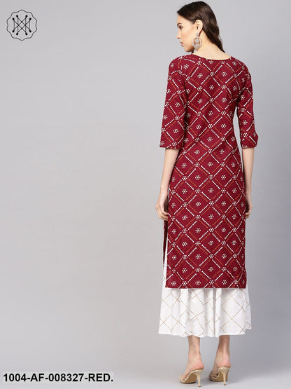 Red And White Bandhej Printed Round Neck 3/4Th Sleeves Straight Kurta With Skirt.