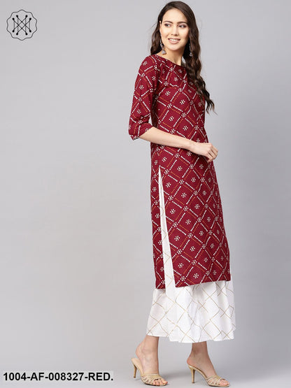 Red And White Bandhej Printed Round Neck 3/4Th Sleeves Straight Kurta With Skirt.