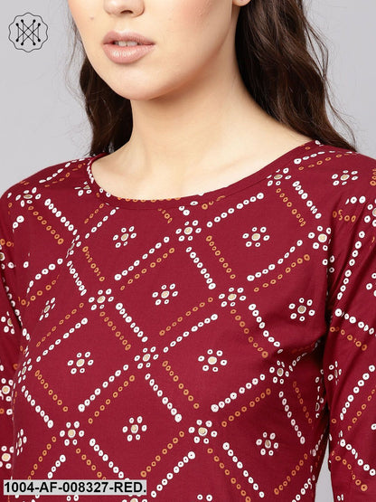 Red And White Bandhej Printed Round Neck 3/4Th Sleeves Straight Kurta With Skirt.
