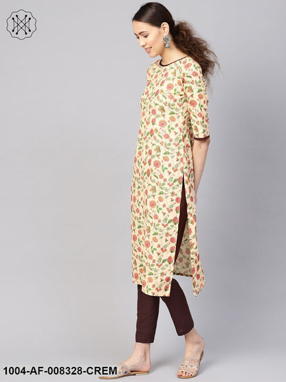Cream Multi Colored Floral Printed Straight Kurta Set With Solid Brown Pants