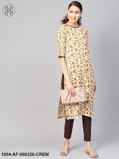 Cream Multi Colored Floral Printed Straight Kurta Set With Solid Brown Pants