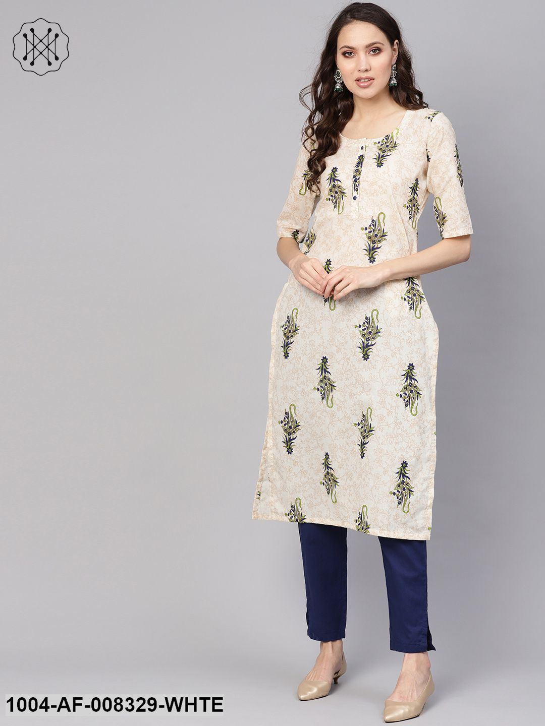 White Multi Colored Printed Straight Kurta With Solid Navy Blue Cigarette Pants