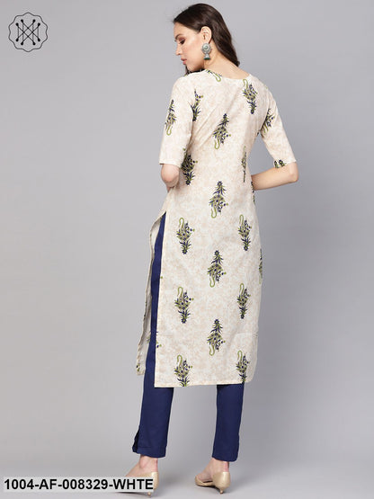 White Multi Colored Printed Straight Kurta With Solid Navy Blue Cigarette Pants