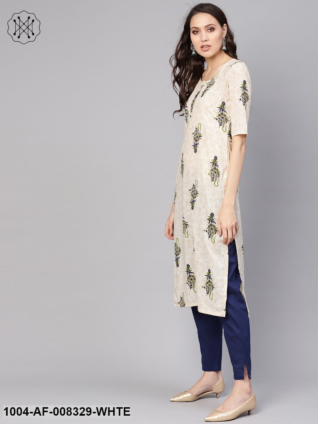 White Multi Colored Printed Straight Kurta With Solid Navy Blue Cigare