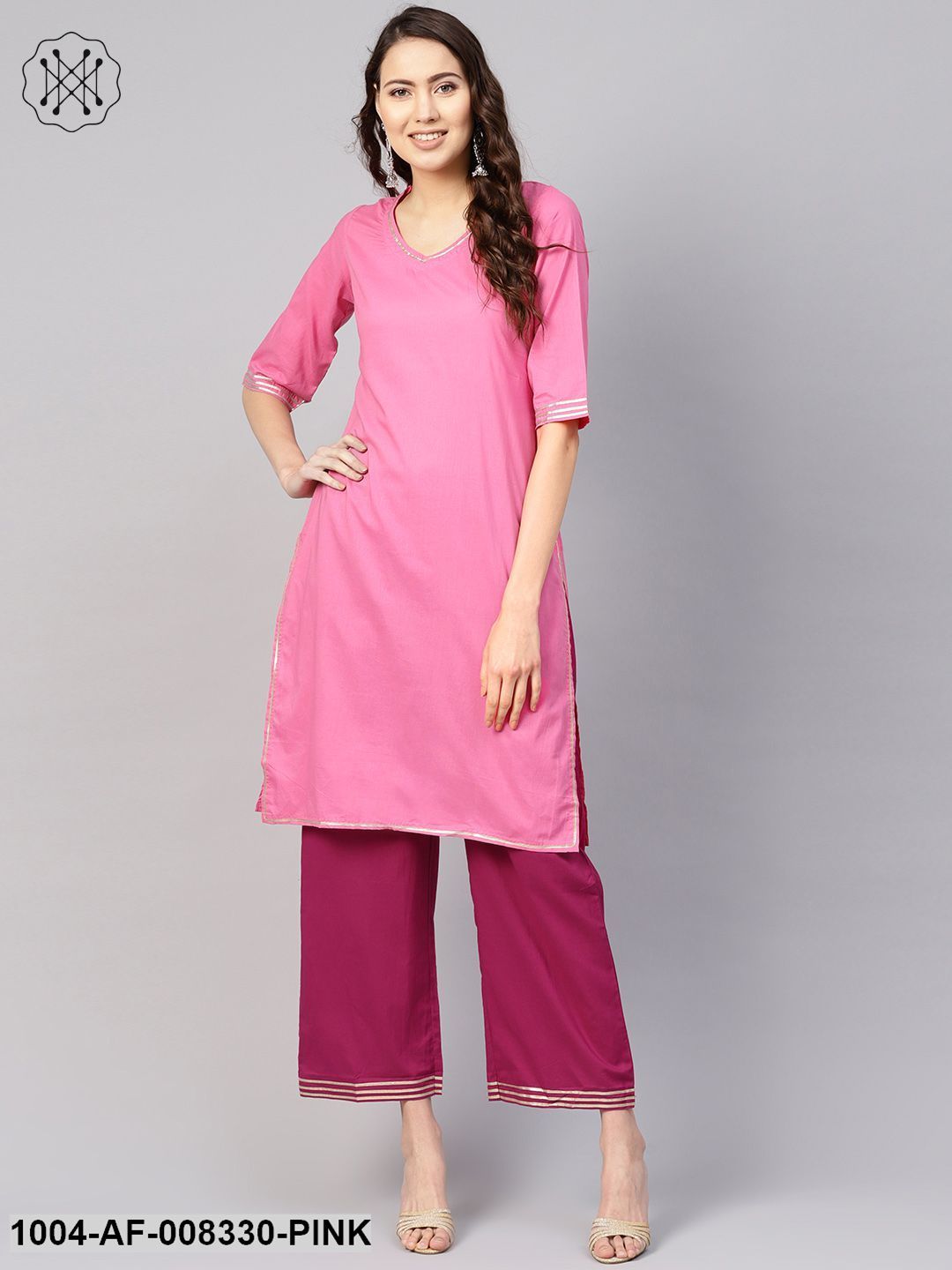Pink Straight 3/4Th Sleeve Cotton Kurta Set With Purple Pants