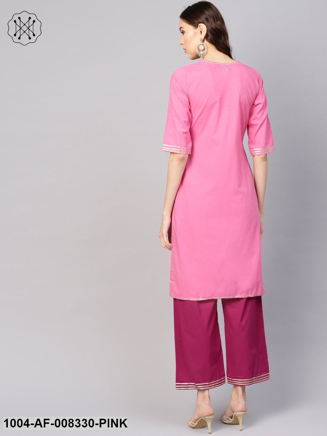 Pink Straight 3/4Th Sleeve Cotton Kurta Set With Purple Pants