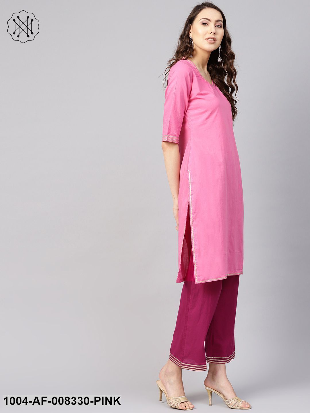 Pink Straight 3/4Th Sleeve Cotton Kurta Set With Purple Pants