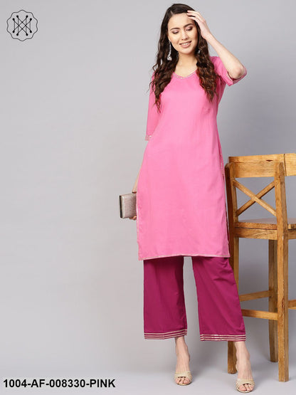 Pink Straight 3/4Th Sleeve Cotton Kurta Set With Purple Pants