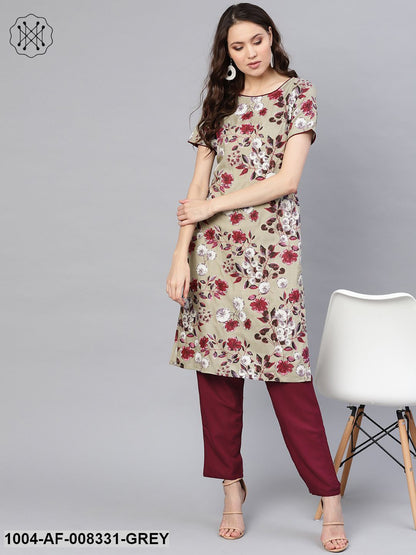 Grey & Maroon Floral Printed Straight Kurta Set With Straght Pants