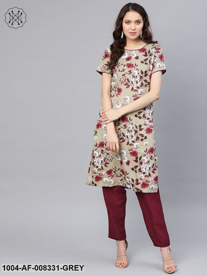 Grey & Maroon Floral Printed Straight Kurta Set With Straght Pants