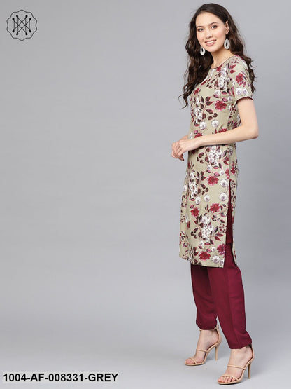 Grey & Maroon Floral Printed Straight Kurta Set With Straght Pants