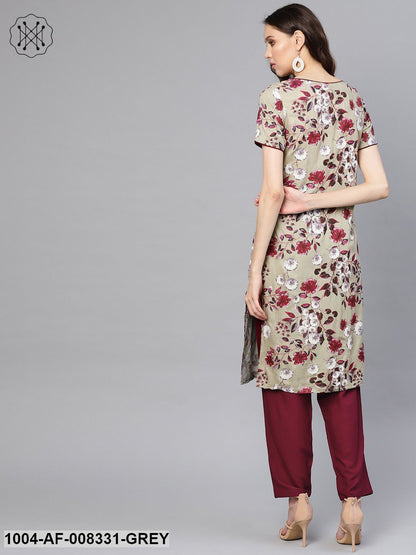 Grey & Maroon Floral Printed Straight Kurta Set With Straght Pants