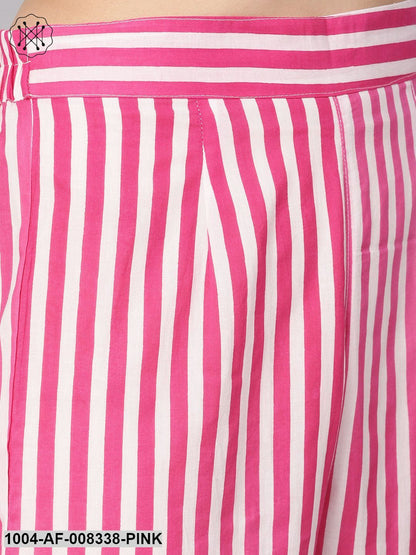 Pink Solid Kurta With Striped Palazzo Set