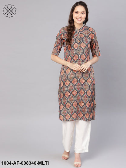 Multi Printed Chinese Collered Straight Kurta With Solid White Palazzo