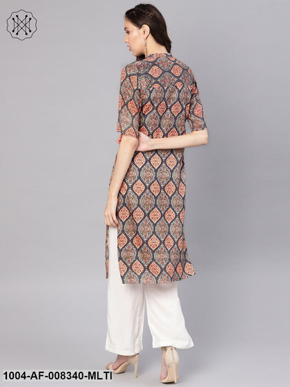 Multi Printed Chinese Collered Straight Kurta With Solid White Palazzo