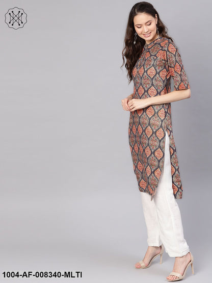 Multi Printed Chinese Collered Straight Kurta With Solid White Palazzo