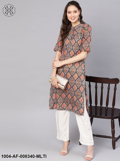 Multi Printed Chinese Collered Straight Kurta With Solid White Palazzo