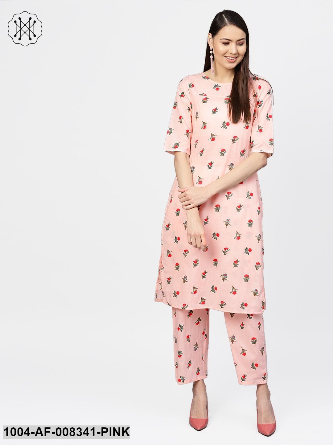 Pastel Pink Multi Floral Printed 3/4Th Sleeve Cotton Kurta With Palazzo