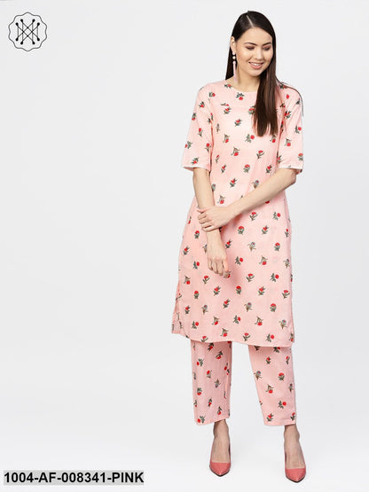 Pastel Pink Multi Floral Printed 3/4Th Sleeve Cotton Kurta With Palazzo