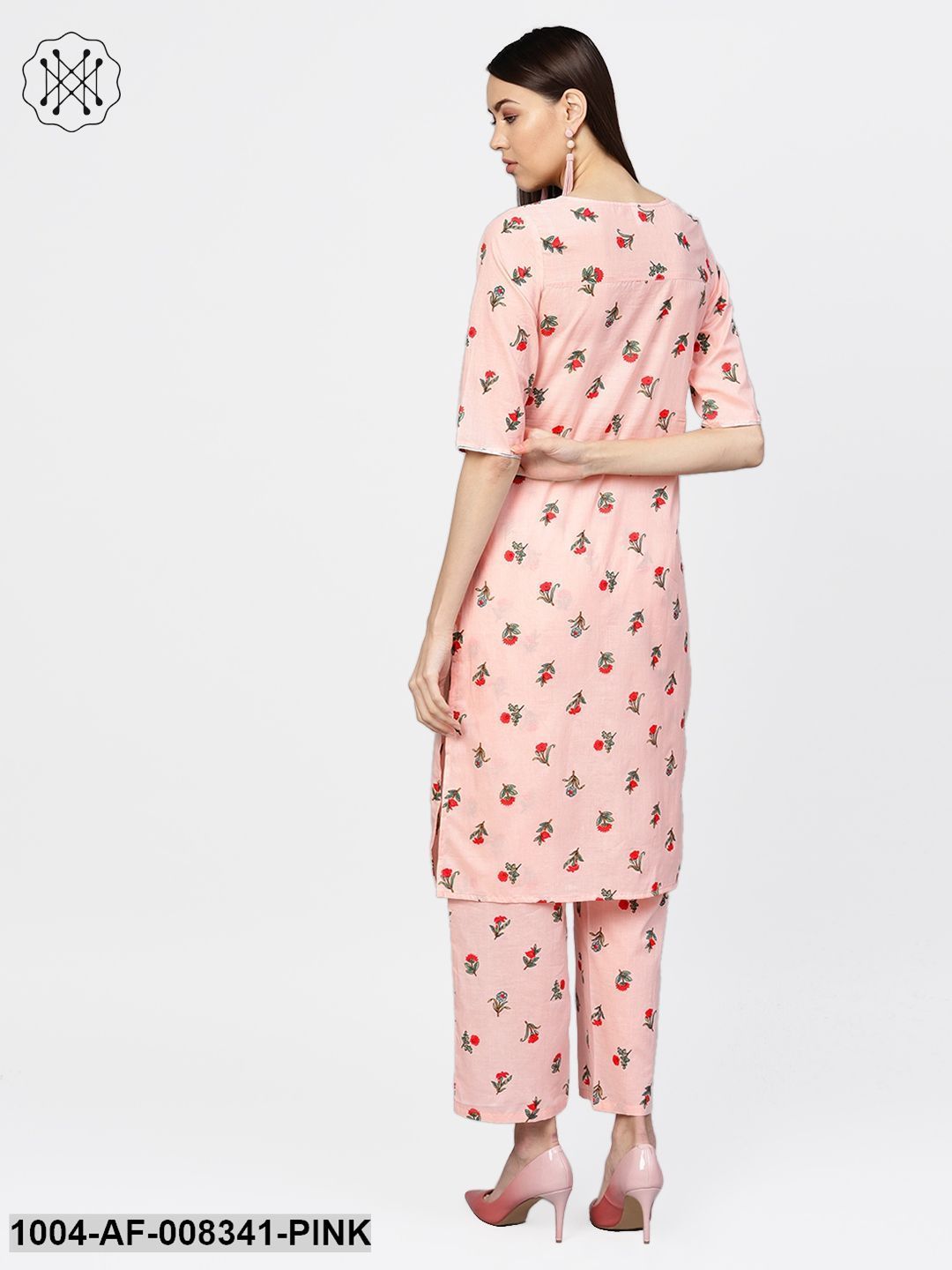 Pastel Pink Multi Floral Printed 3/4Th Sleeve Cotton Kurta With Palazzo