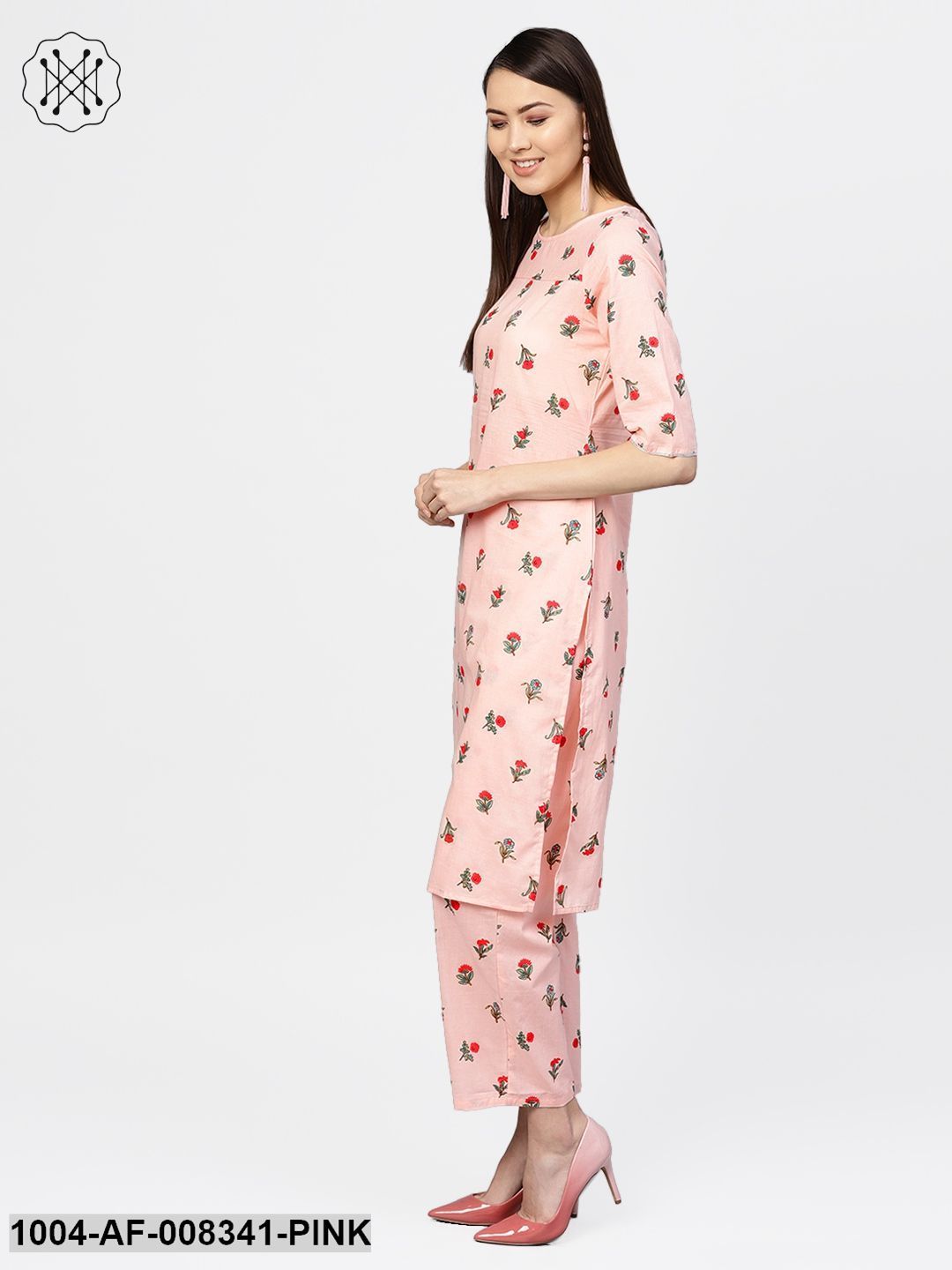Pastel Pink Multi Floral Printed 3/4Th Sleeve Cotton Kurta With Palazzo