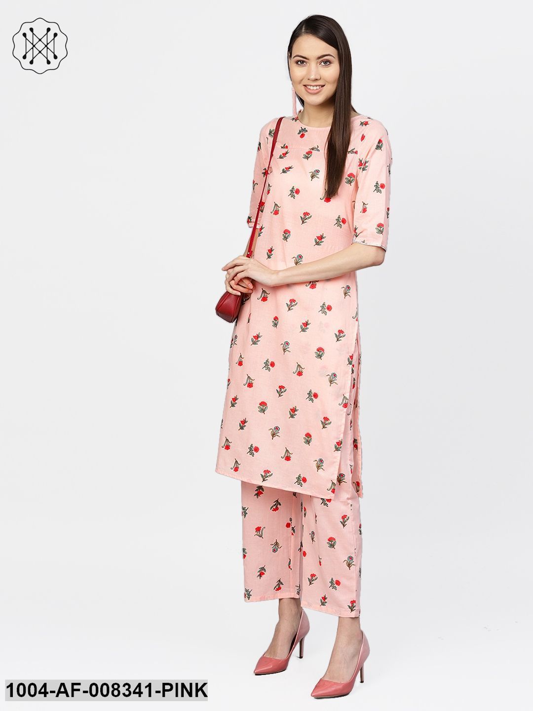 Pastel Pink Multi Floral Printed 3/4Th Sleeve Cotton Kurta With Palazzo