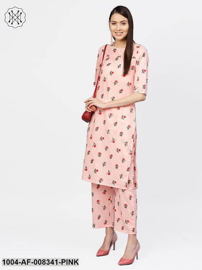 Pastel Pink Multi Floral Printed 3/4Th Sleeve Cotton Kurta With Palazzo