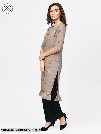 Grey & Multi Floral Gold Printed Round Neck Straight Kurta WithGathered Detail At The Hemline With Solid Pink Palazzo