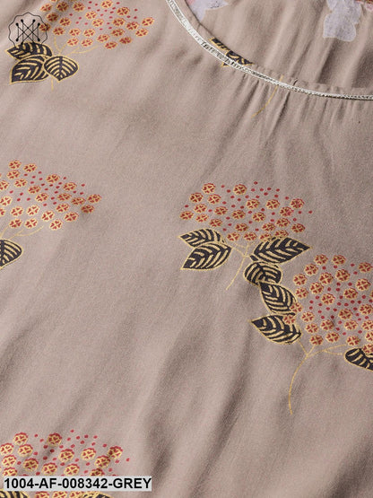 Grey & Multi Floral Gold Printed Round Neck Straight Kurta WithGathered Detail At The Hemline With Solid Pink Palazzo