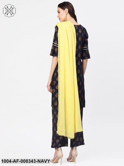 Navy Blue Printed Straight Cotton Kurta With Printed Palazzo And Solid Lemon Dupatta