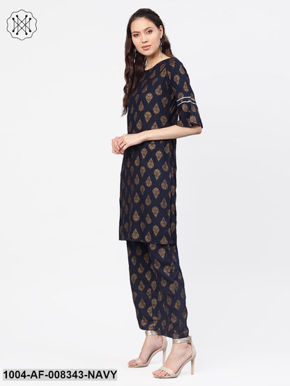 Navy Blue Printed Straight Cotton Kurta With Printed Palazzo And Solid Lemon Dupatta
