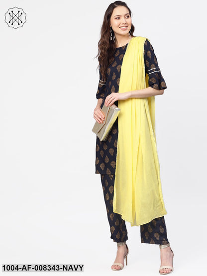 Navy Blue Printed Straight Cotton Kurta With Printed Palazzo And Solid Lemon Dupatta
