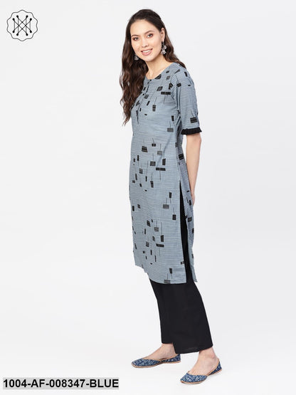Abstract Print With Self Striped Round Neck Cotton Kurta With Black Palazzo