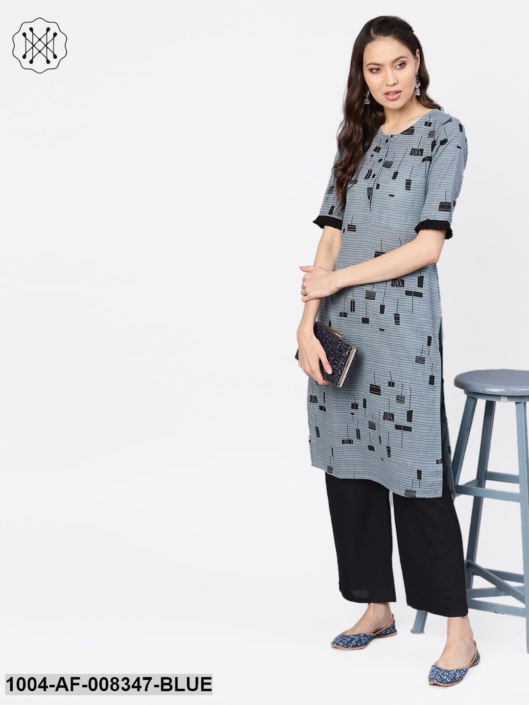 Abstract Print With Self Striped Round Neck Cotton Kurta With Black Palazzo