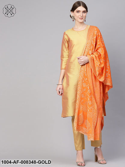 Golden Color Round Neck 3/4Th Sleeve Straight Kurta With Palazzo And Printed Dupatta