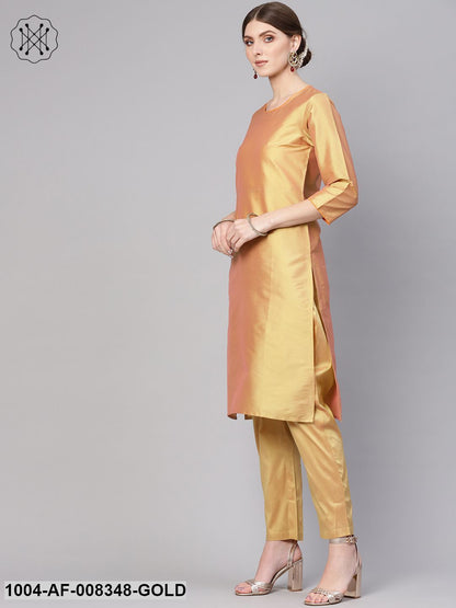 Golden Color Round Neck 3/4Th Sleeve Straight Kurta With Palazzo And Printed Dupatta
