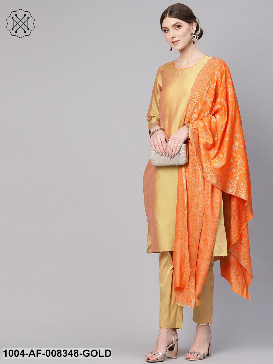 Golden Color Round Neck 3/4Th Sleeve Straight Kurta With Palazzo And Printed Dupatta