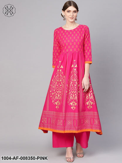 Rani Pink With Gold Khari Block PrintedFloral Motifs A-Line Kurta With Palazzo And With Gold Khari Printed Jacket