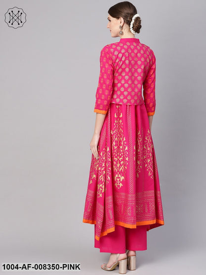 Rani Pink With Gold Khari Block PrintedFloral Motifs A-Line Kurta With Palazzo And With Gold Khari Printed Jacket