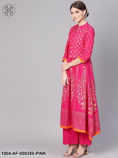 Rani Pink With Gold Khari Block PrintedFloral Motifs A-Line Kurta With Palazzo And With Gold Khari Printed Jacket