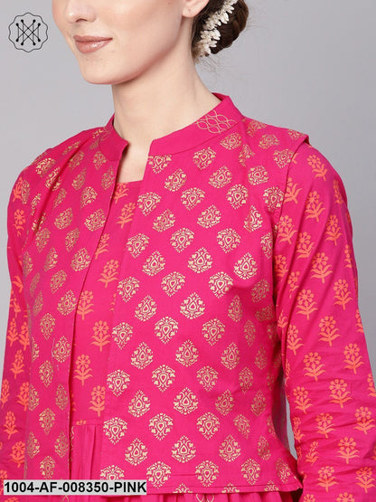 Rani Pink With Gold Khari Block PrintedFloral Motifs A-Line Kurta With Palazzo And With Gold Khari Printed Jacket