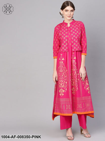Rani Pink With Gold Khari Block PrintedFloral Motifs A-Line Kurta With Palazzo And With Gold Khari Printed Jacket