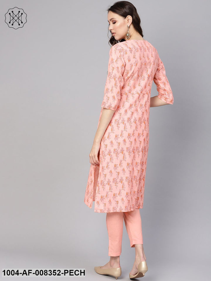 Peach Floral Printed Round Neck With Keyhole Straight Kurta With Ciggrate Pants