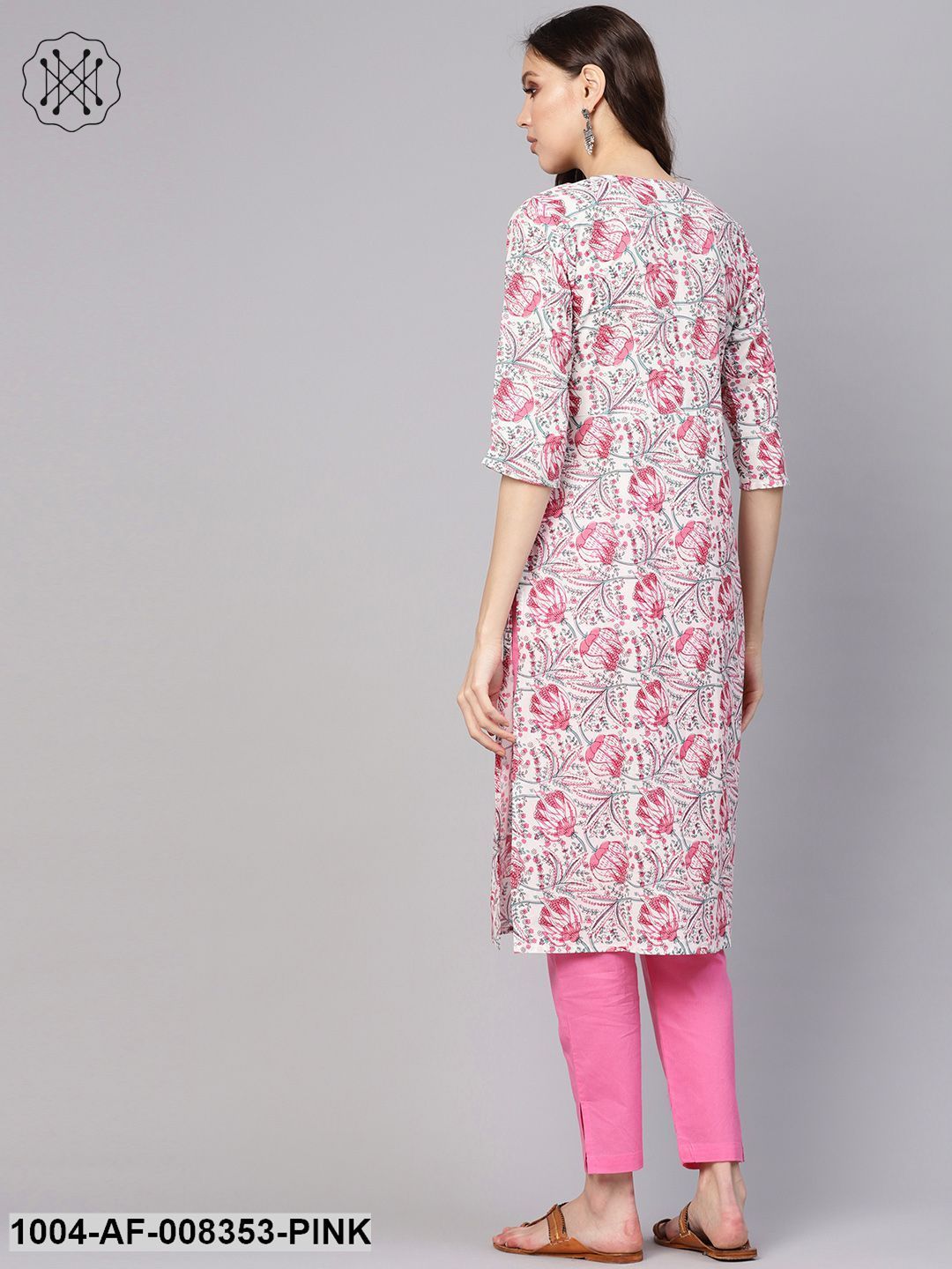 White Pink Floral Printed Round Neck With Keyhole Straight Kurta With Ciggrate Pant