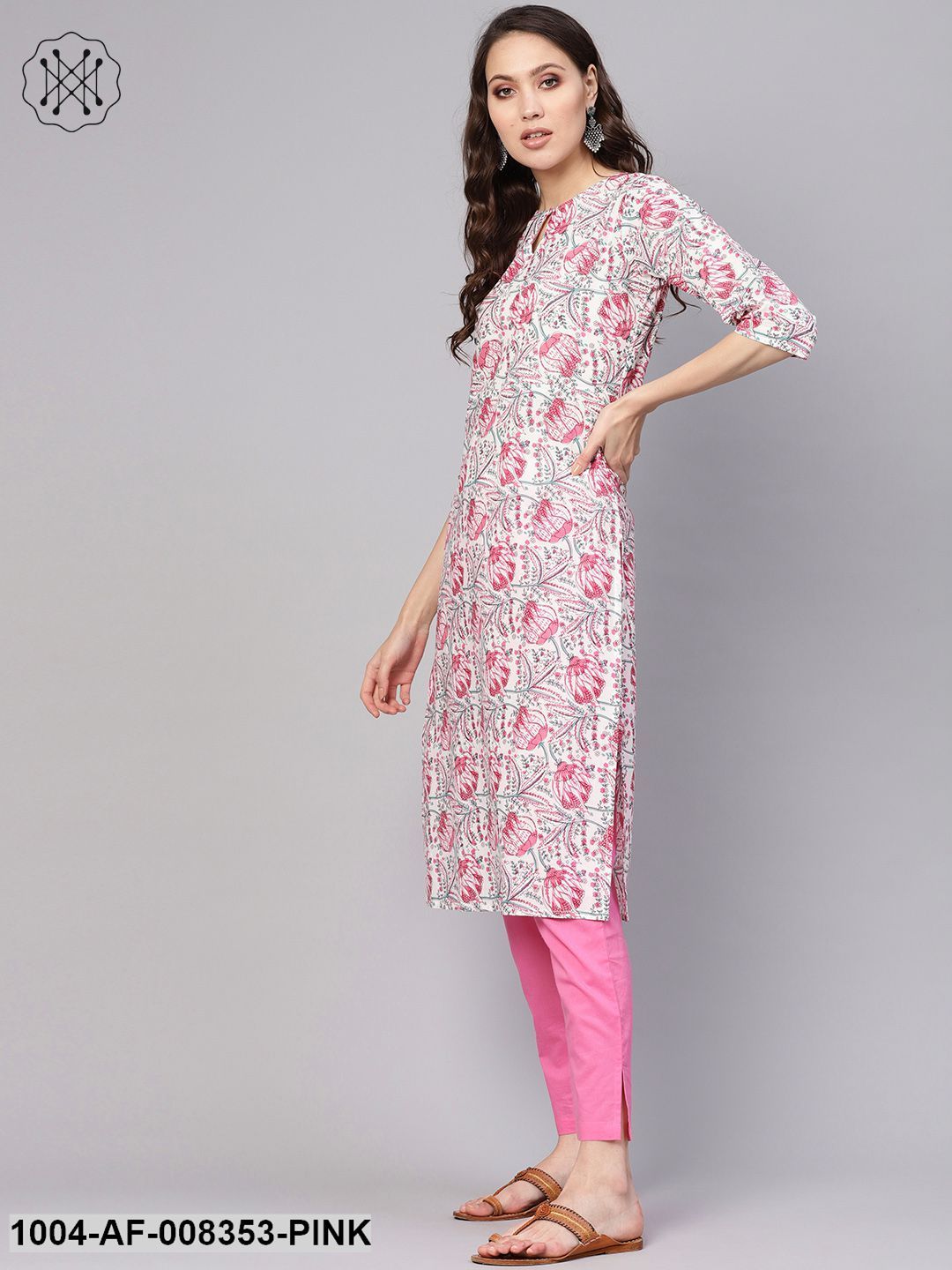White Pink Floral Printed Round Neck With Keyhole Straight Kurta With Ciggrate Pant