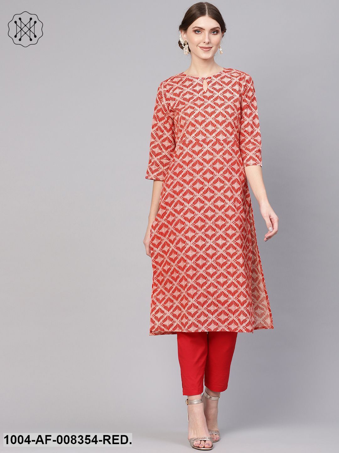 Red Geometrical Printed Round Neck 3/4Th Sleeve Kurta With Cigratte Pant